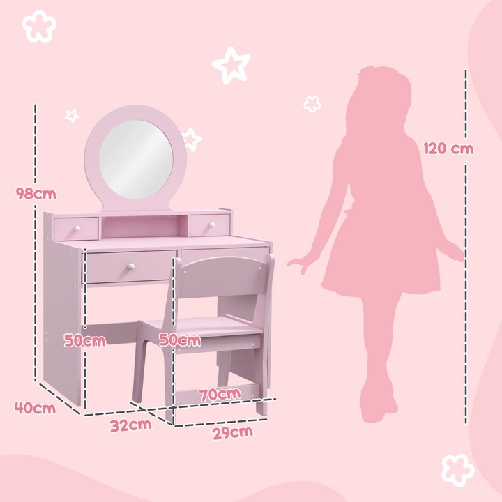 AIYAPLAY Kids Dressing Table & Stool – Pink Vanity Set