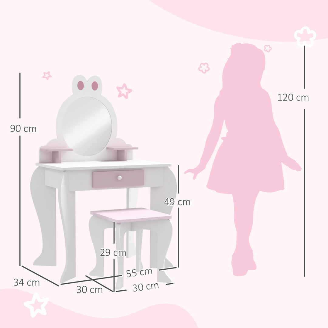 ZONEKIZ Kids Dressing Table & Stool – White & Pink Bunny Vanity Set