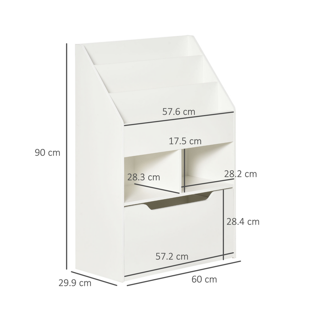 HOMCOM Kids Bookshelf & Toy Organiser with Drawer & Wheels – White