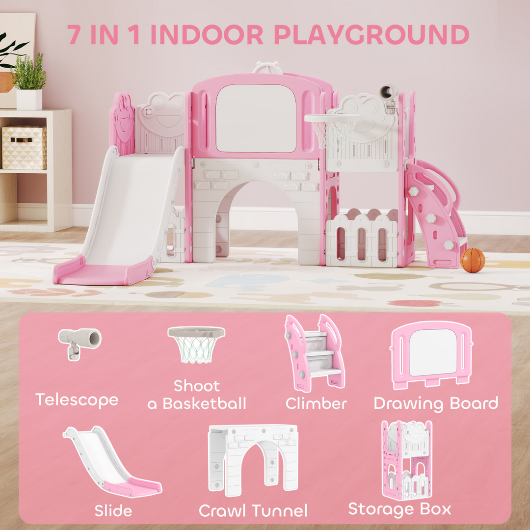 AIYAPLAY 7-in-1 Toddler Swing & Slide Playset Climbing Frame - Pink
