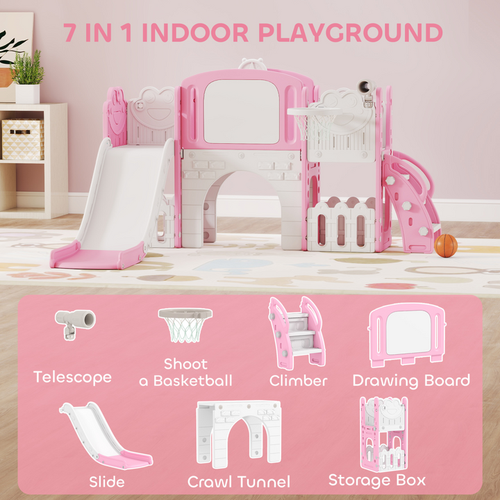 AIYAPLAY 7-in-1 Toddler Swing & Slide Playset Climbing Frame - Pink