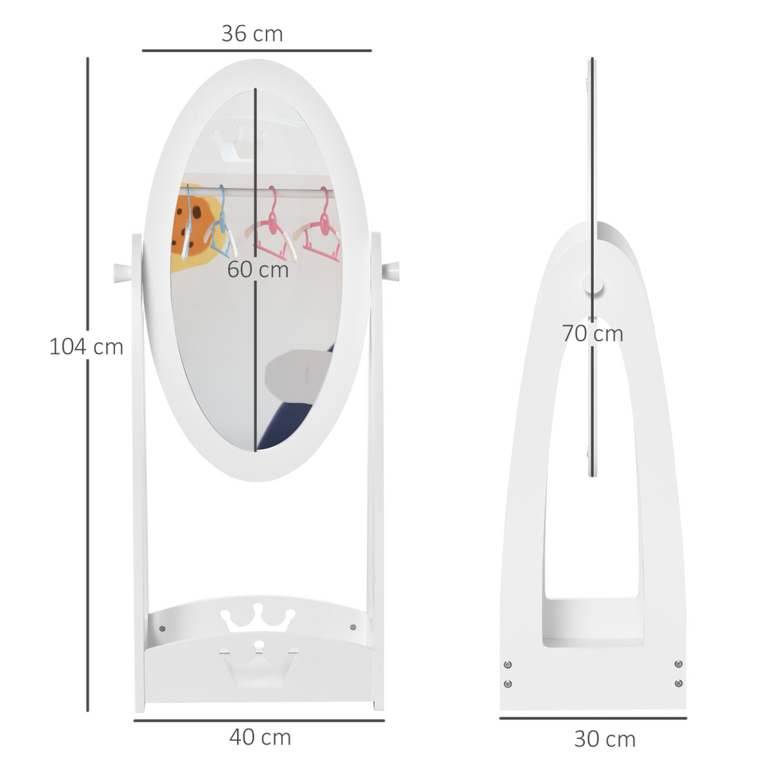 HOMCOM Kids 360° Rotating Full-Length Mirror with Shelf – White | Ages 3–8