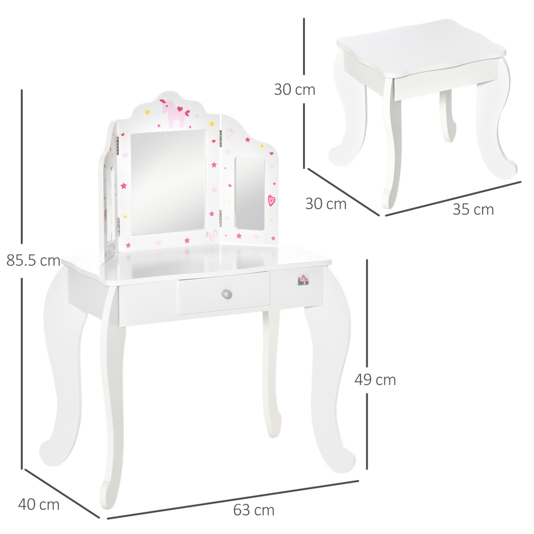 HOMCOM Kids Vanity Table & Chair Set with Tri-Folding Mirror – White