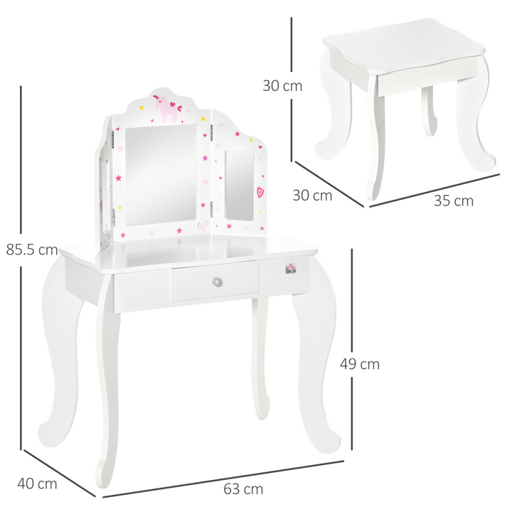 HOMCOM Kids Vanity Table & Chair Set with Tri-Folding Mirror – White
