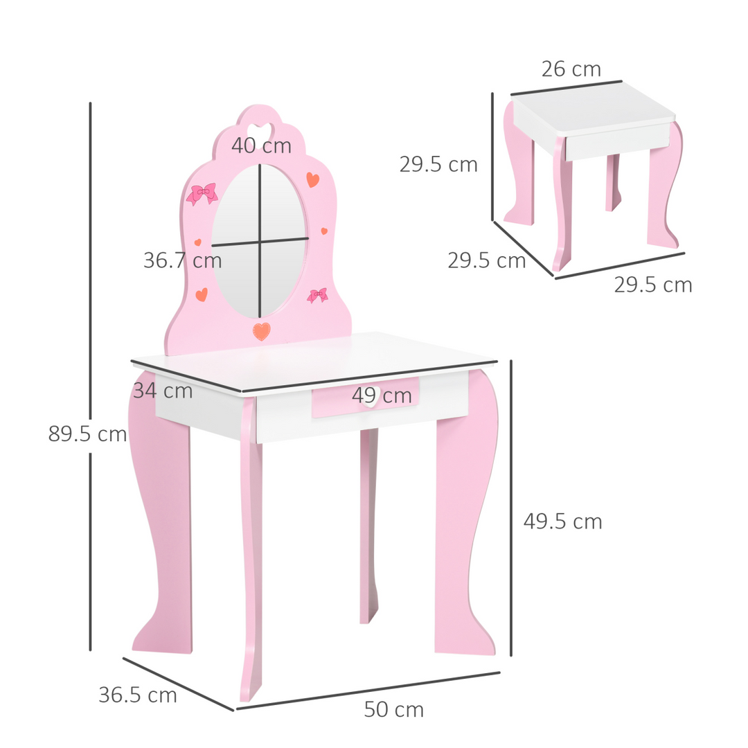 ZONEKIZ Kids Dressing Table & Stool – Pink Princess Vanity Set
