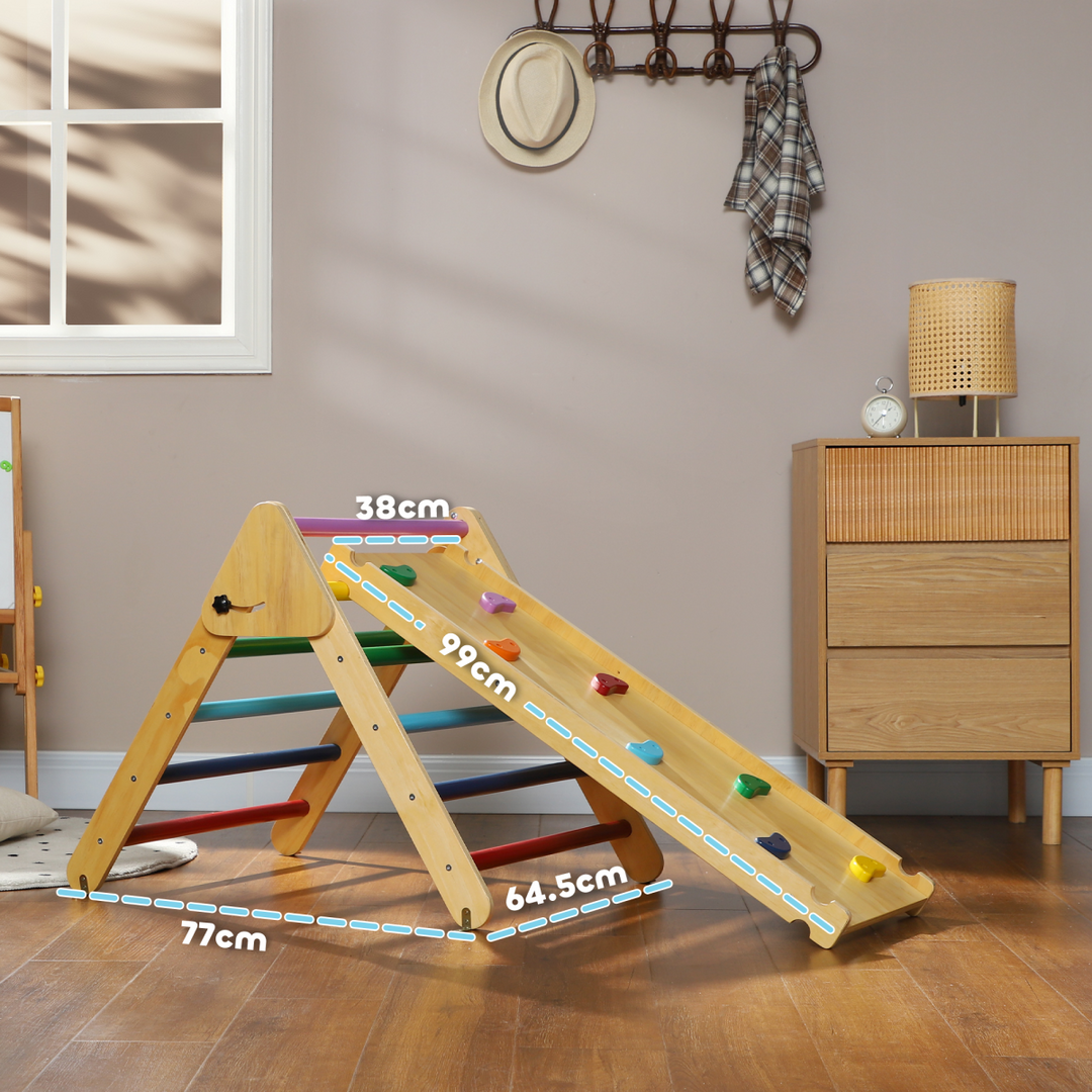 AIYAPLAY Toddler Climbing Frame – 3-in-1 Wooden Pikler Triangle with Ramp – Multicolour