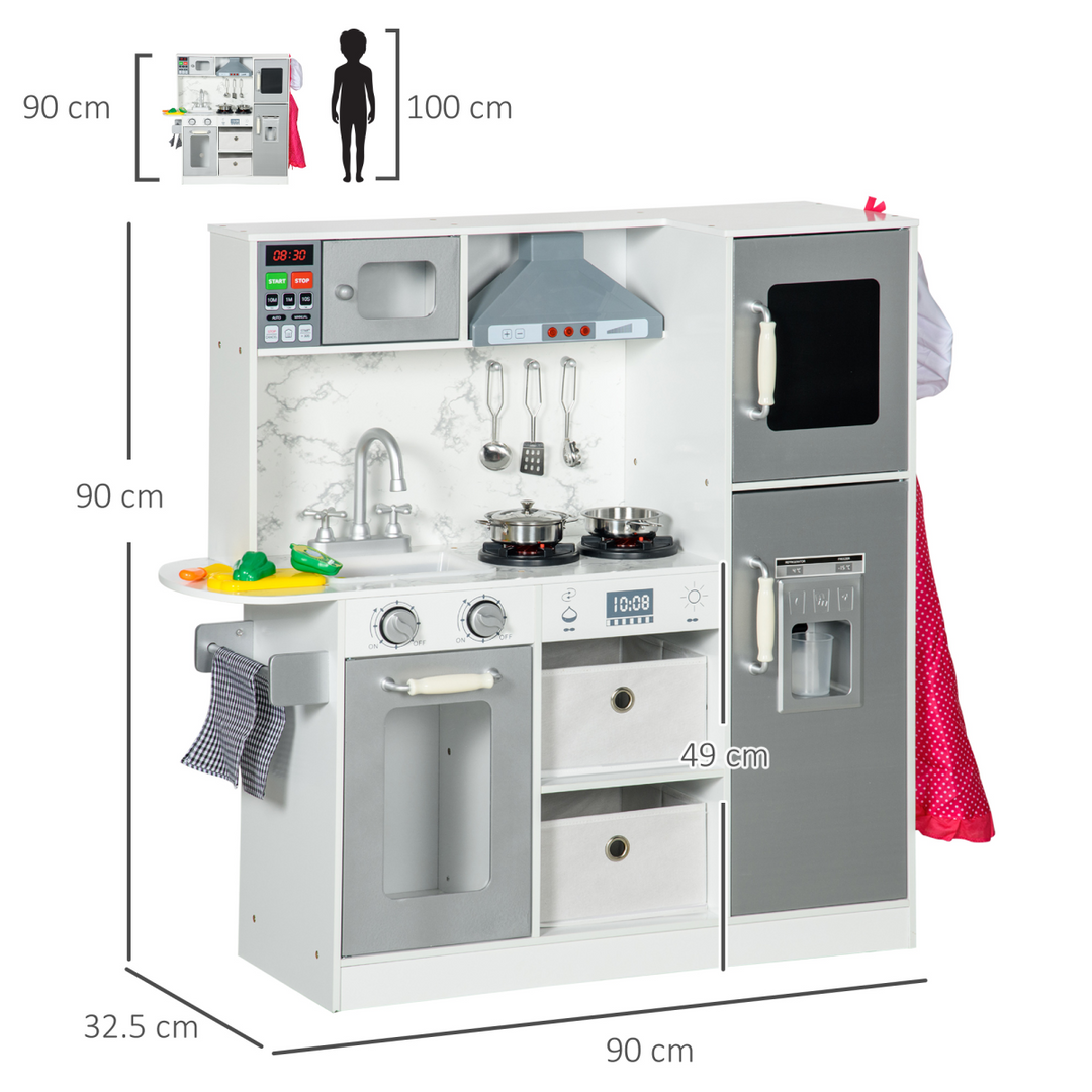AIYAPLAY Toy Kitchen with Lights, Sounds, Ice Maker & Chef Set – White