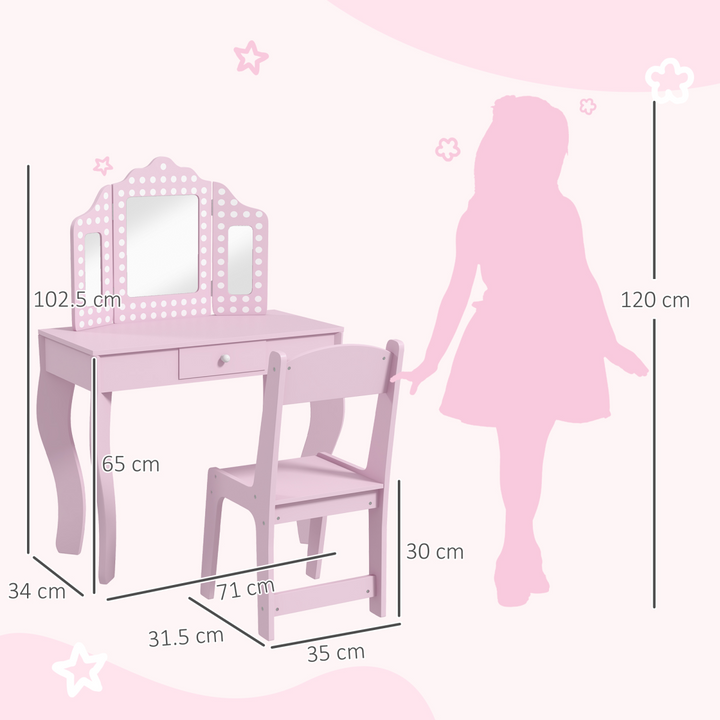 AIYAPLAY Kids Dressing Table & Stool – Pink Tri-Fold Mirror Vanity Set