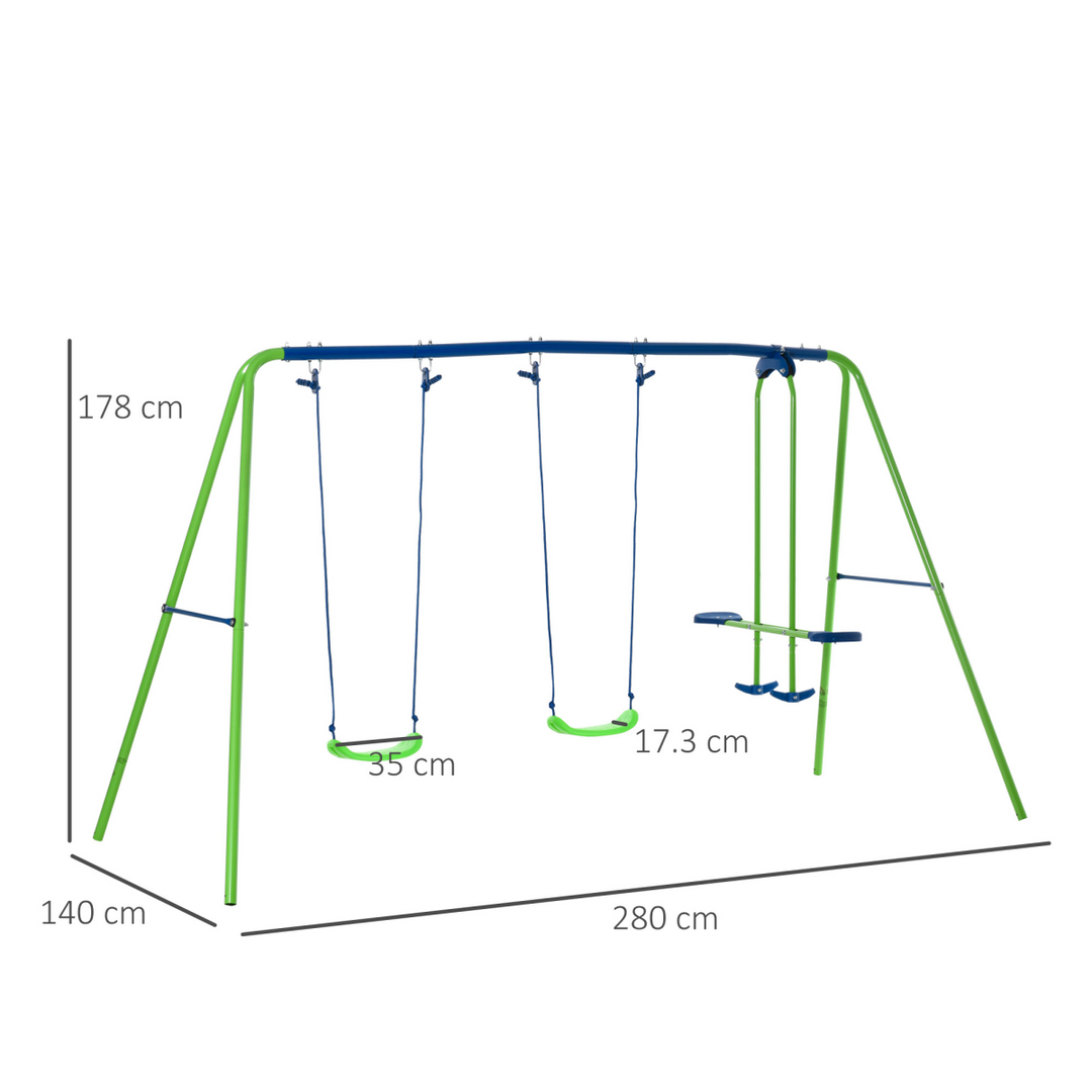 Outsunny 3-in-1 Kids Swing Set with Seesaw - Green