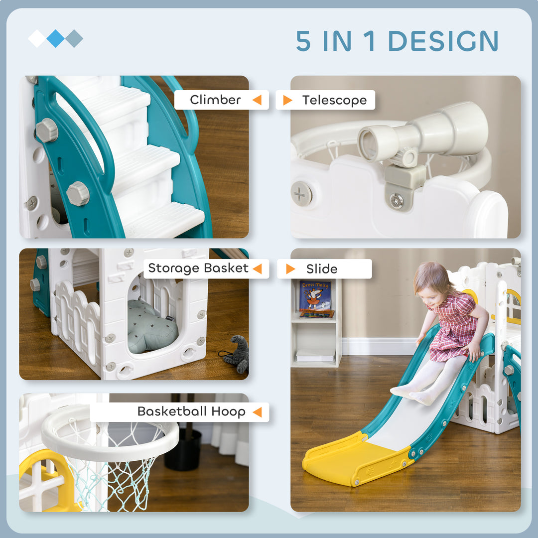 AIYAPLAY 5 in 1 Toddler Slide with Basketball Hoop, Climber, Telescope, Storage Basket, for Ages 1-3 Years, Yellow