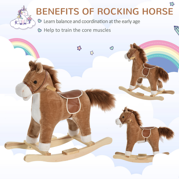 HOMCOM Kids Plush Rocking Horse with Sounds – Brown