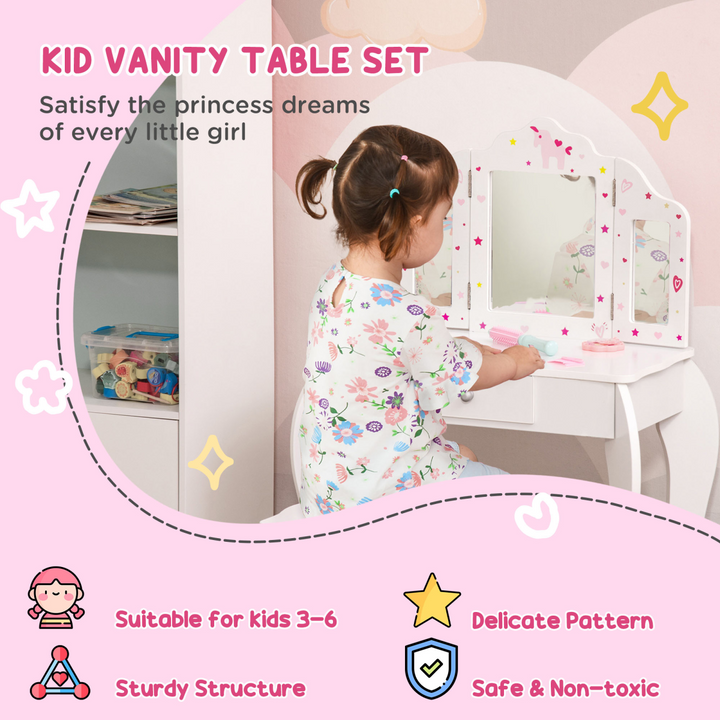 HOMCOM Kids Vanity Table & Chair Set with Tri-Folding Mirror – White