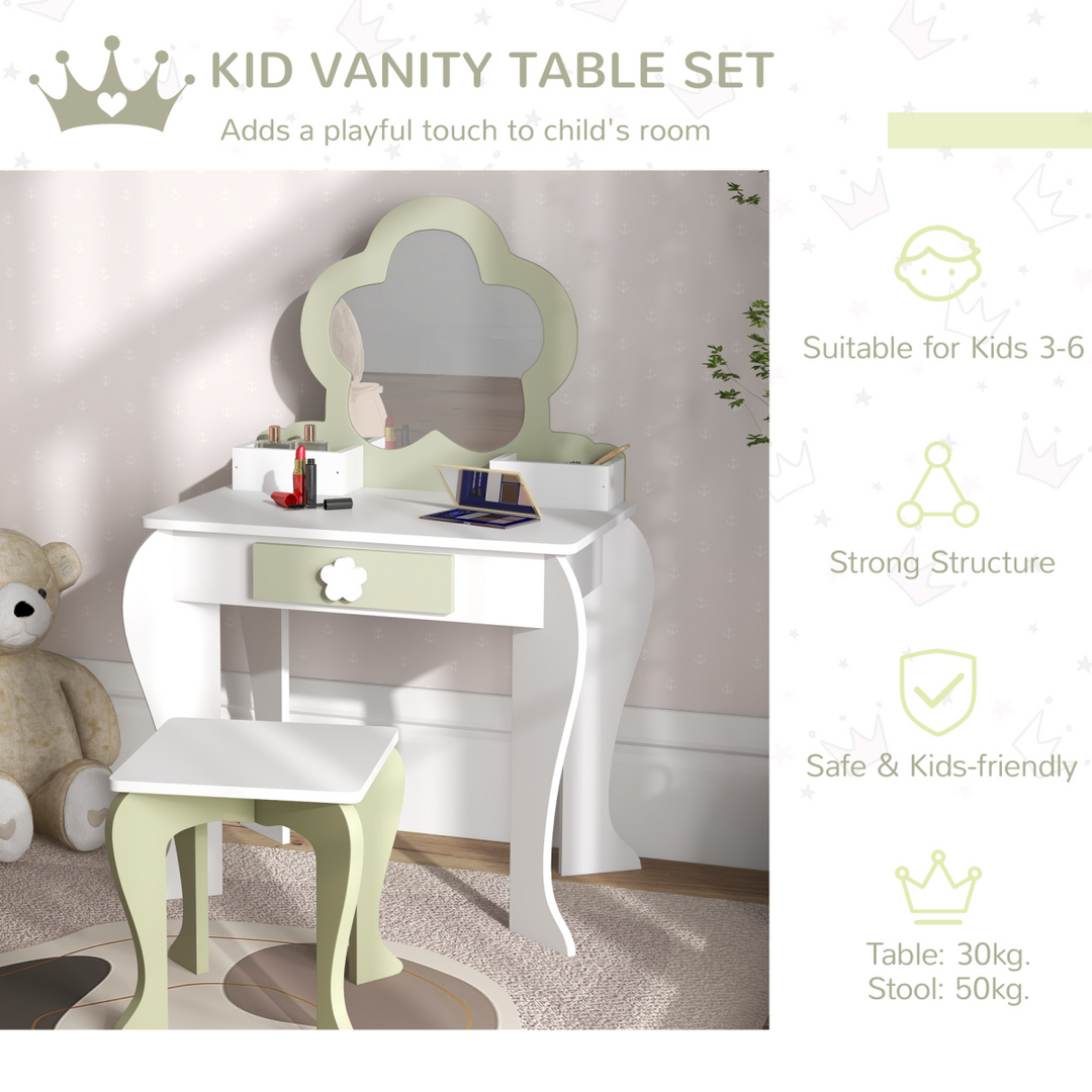 ZONEKIZ Kids Dressing Table & Stool – White Flower Vanity Set