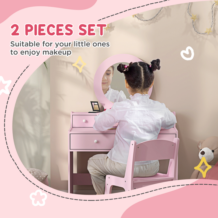 AIYAPLAY Kids Dressing Table & Stool – Pink Oval Mirror Vanity Set