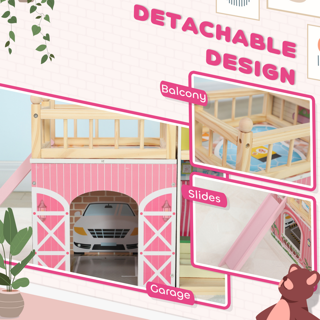 AIYAPLAY 3-Level Dolls House Play Set with 13 Wooden Furniture Pieces – Pink