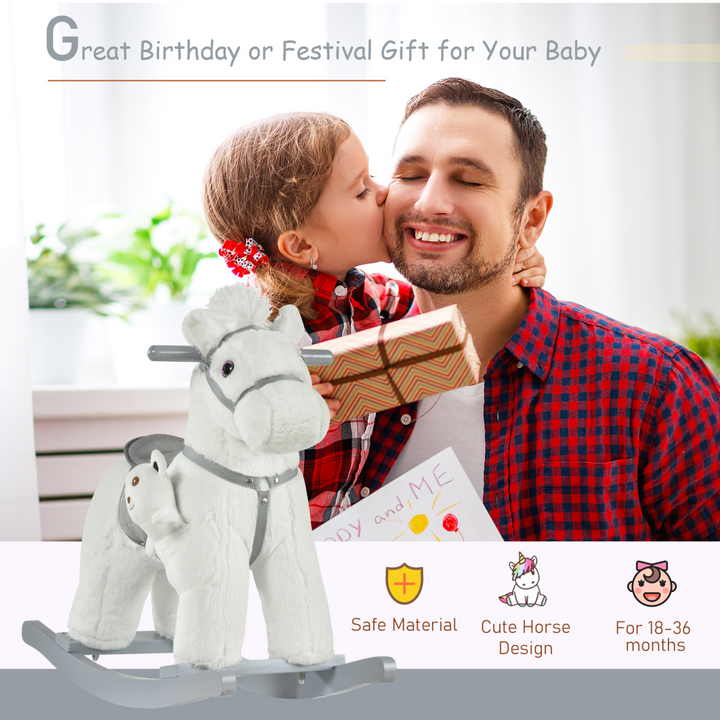 HOMCOM Kids Plush Rocking Horse with Sounds & Teddy – White