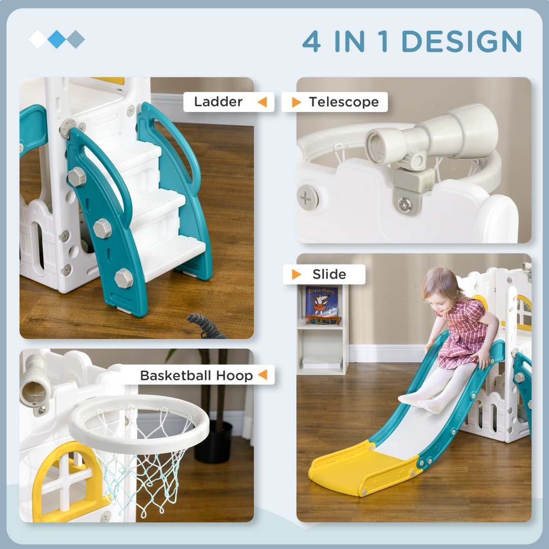 AIYAPLAY 4-in-1 Toddler Slide with Hoop, Telescope & Storage – Yellow