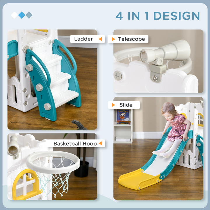 AIYAPLAY 4-in-1 Toddler Slide with Hoop, Telescope & Storage – Yellow