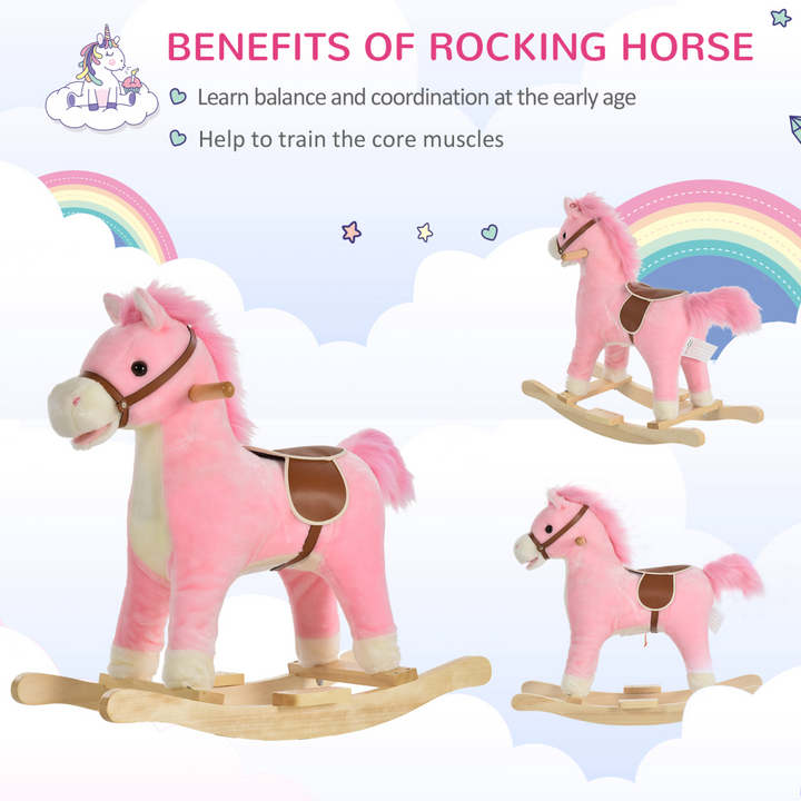 HOMCOM Kids Plush Rocking Horse with Sounds – Pink