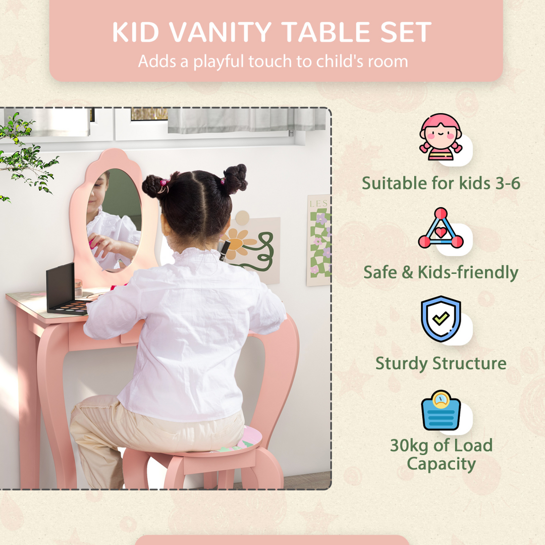 ZONEKIZ Kids Dressing Table & Stool – Pink Animal Vanity Set