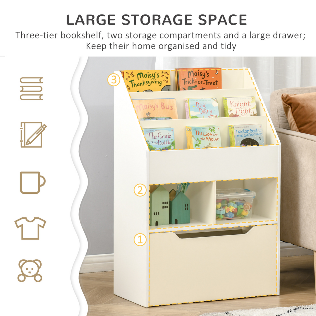 HOMCOM Kids Bookshelf & Toy Organiser with Drawer & Wheels – White