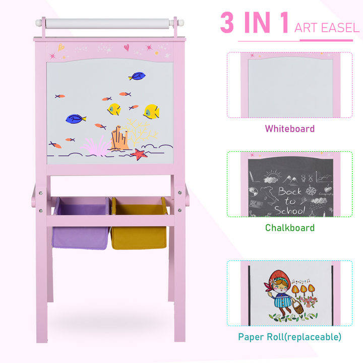 HOMCOM 3-in-1 Wooden Kids Art Easel with Paper Roll – Pink