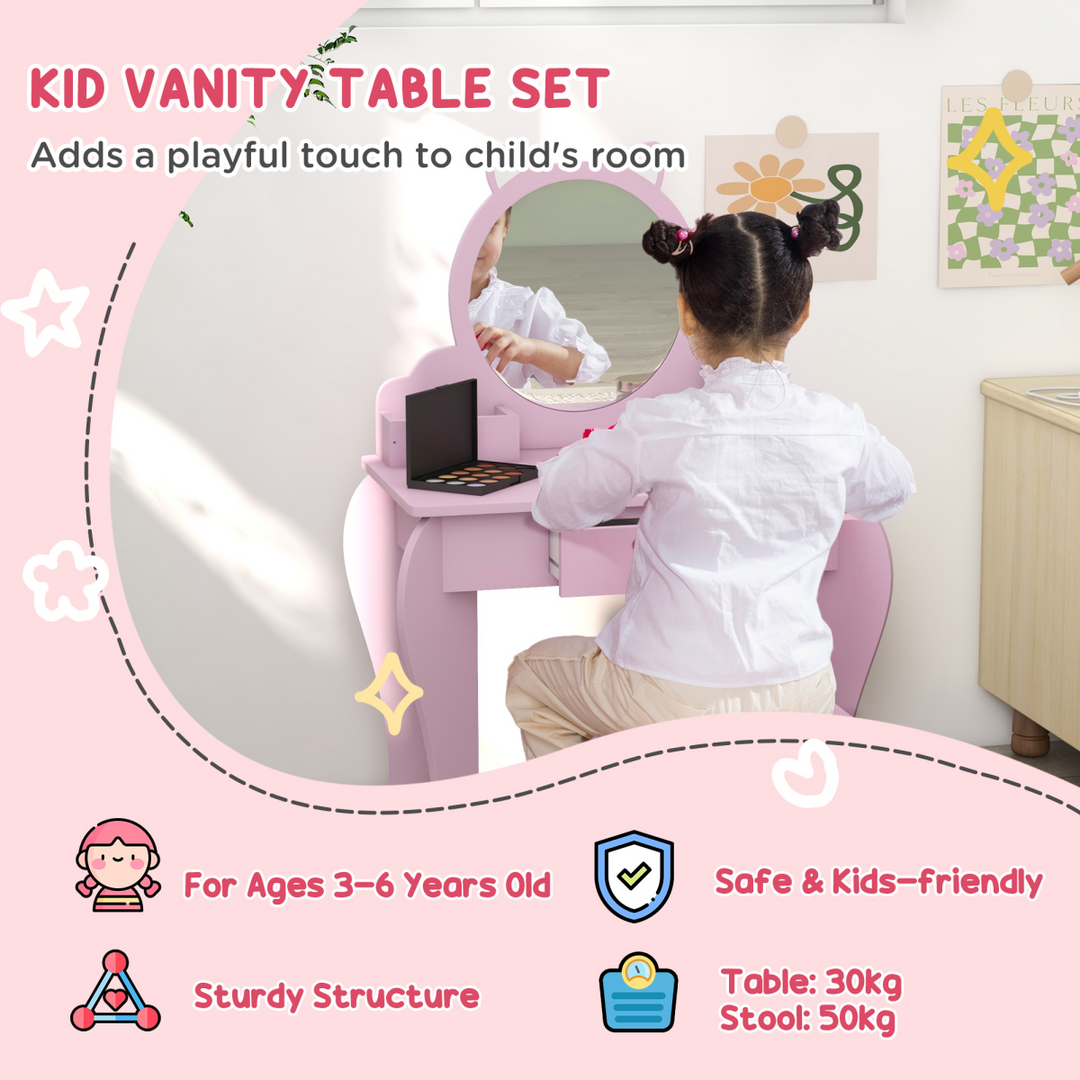 ZONEKIZ Kids Dressing Table & Stool – Pink Cat Vanity Set