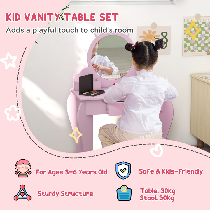ZONEKIZ Kids Dressing Table & Stool – Pink Cat Vanity Set
