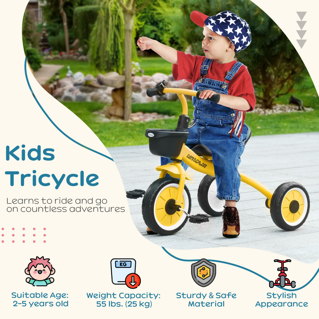 AIYAPLAY Kids Trike – Yellow Toddler Tricycle with Basket & Bell (2–5 Years)