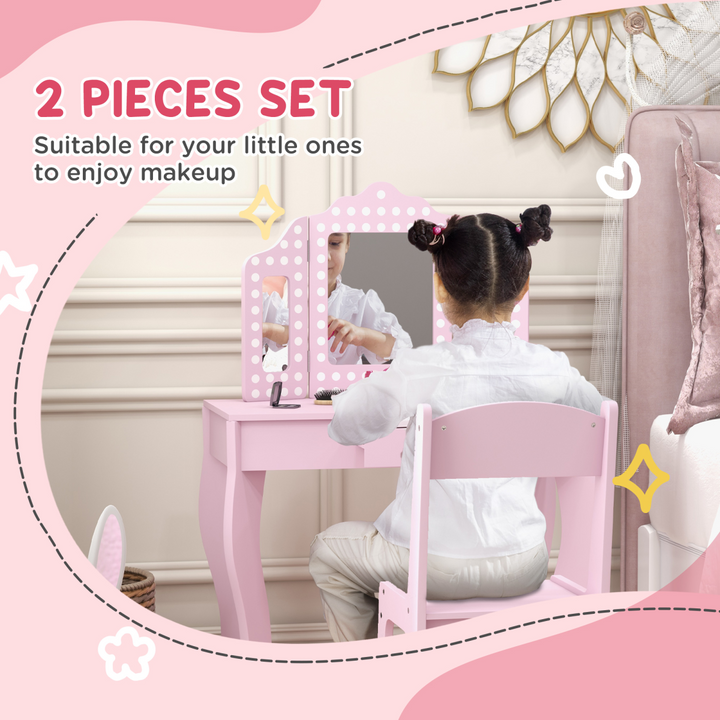 AIYAPLAY Kids Dressing Table & Stool – Pink Tri-Fold Mirror Vanity Set