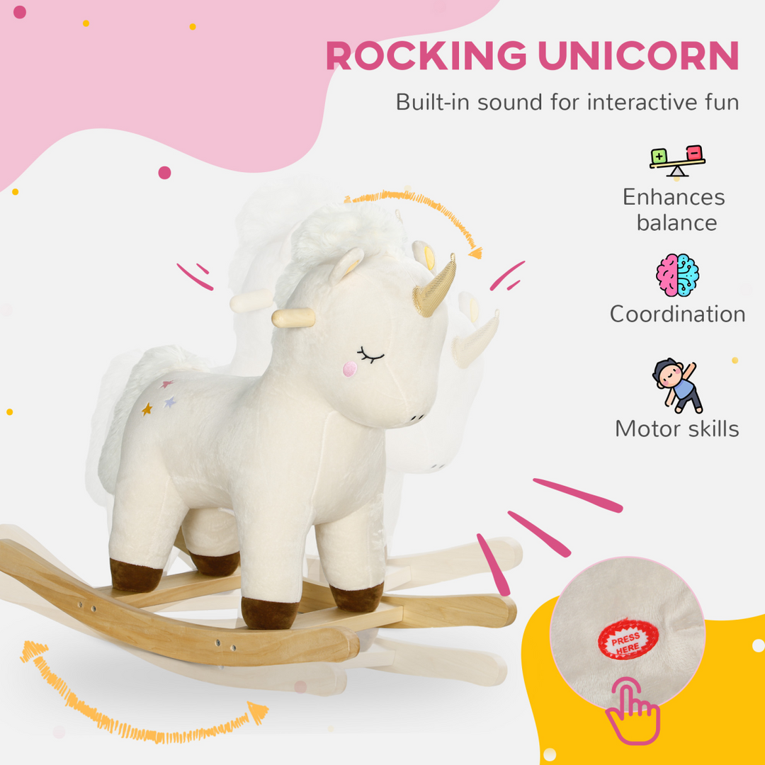 AIYAPLAY Unicorn Rocking Horse with Sounds – White, Ages 2–4