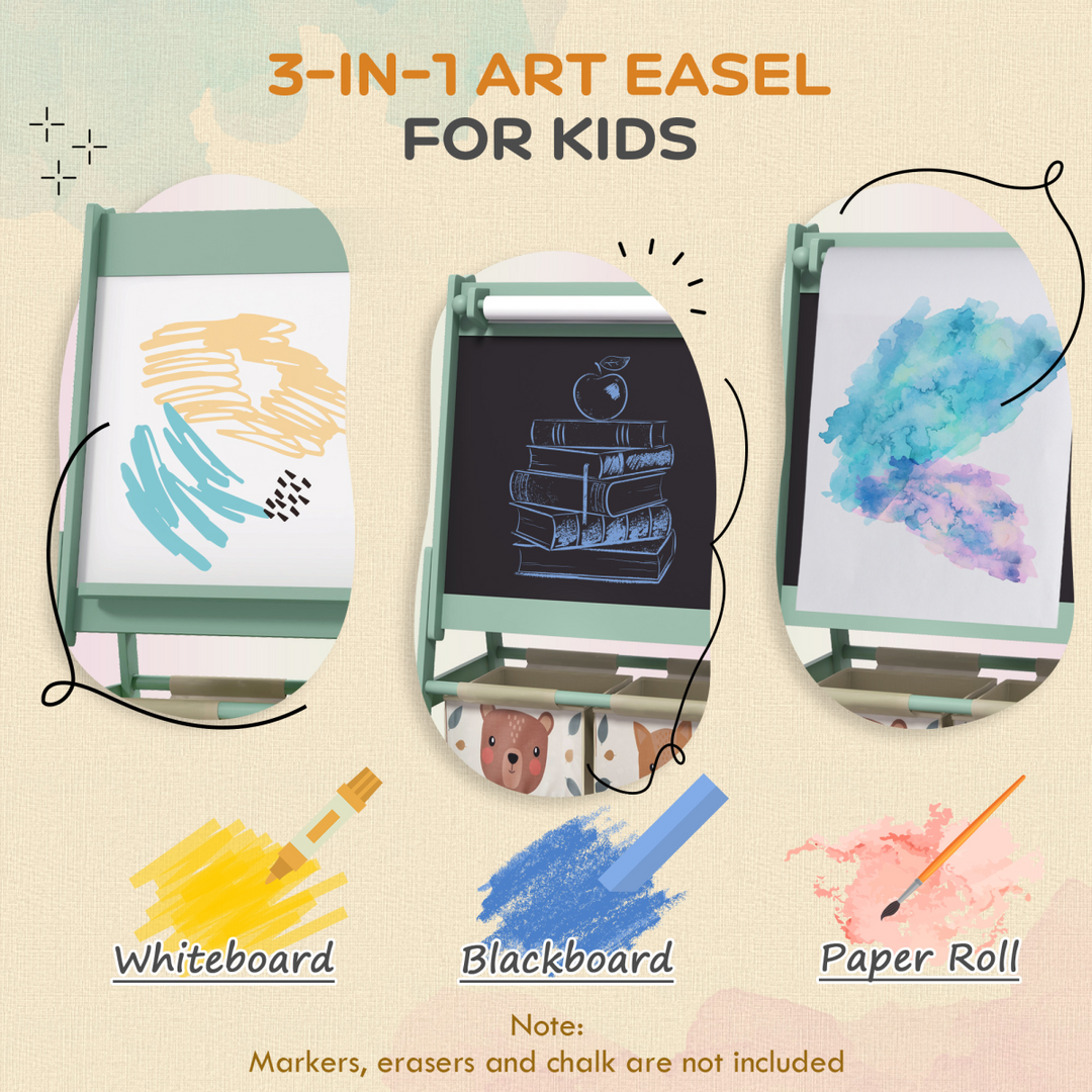 AIYAPLAY 3-in-1 Kids Easel with Paper Roll & Storage – Green