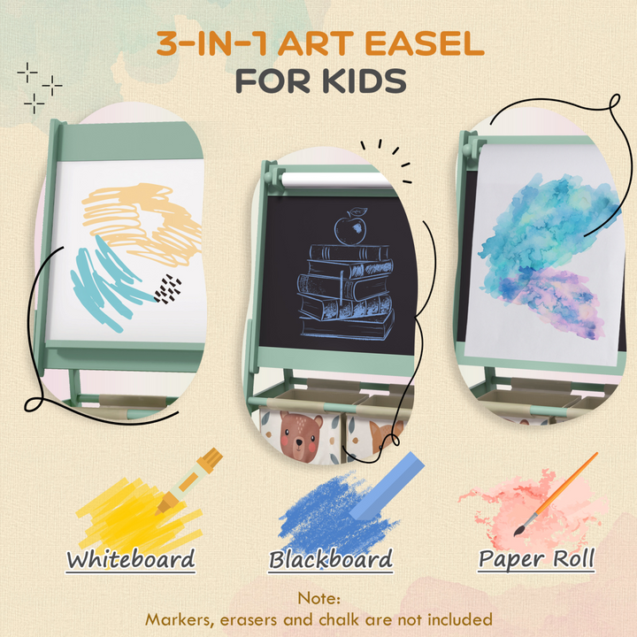 AIYAPLAY 3-in-1 Kids Easel with Paper Roll & Storage – Green