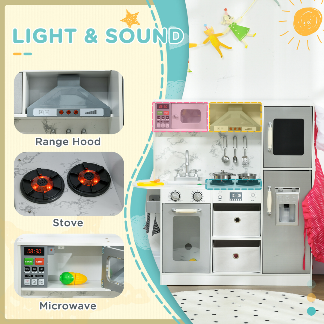 AIYAPLAY Toy Kitchen with Lights, Sounds, Ice Maker & Chef Set – White