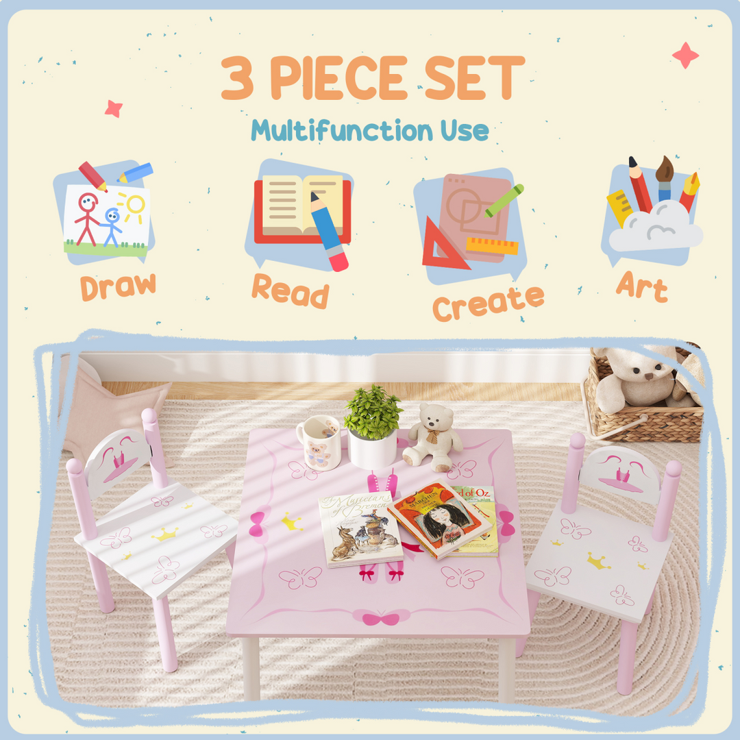AIYAPLAY Princess Kids Table & Chairs Set – Pink (Ages 2–5)