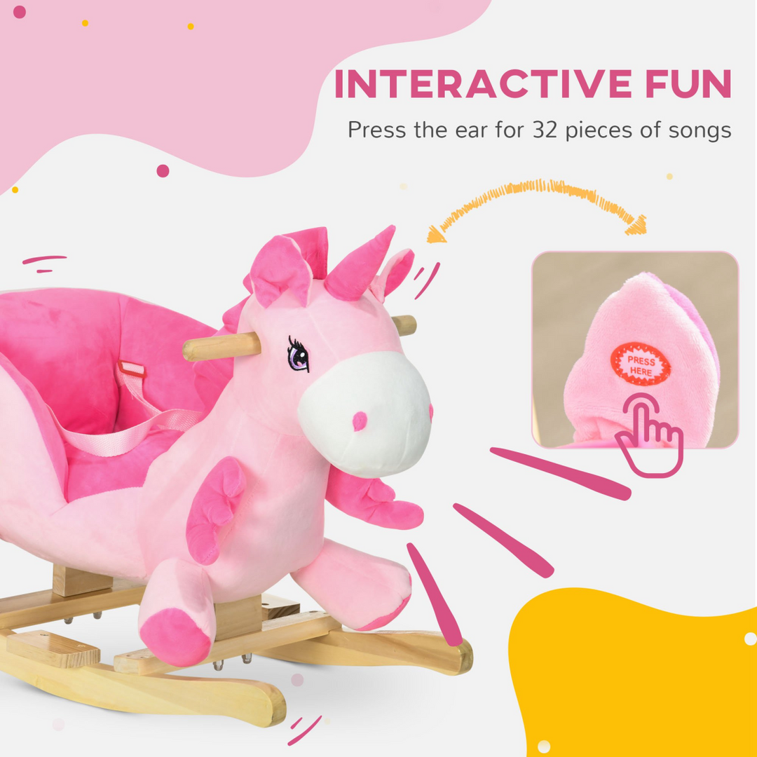 HOMCOM Kids Rocking Unicorn – Pink Plush Ride-On with Music