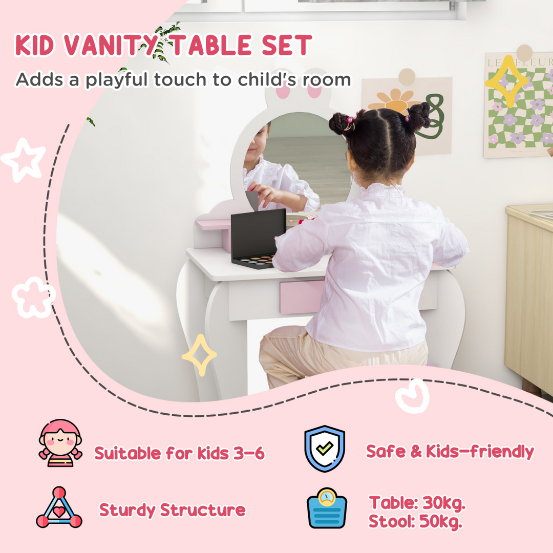 ZONEKIZ Kids Dressing Table & Stool – White & Pink Bunny Vanity Set