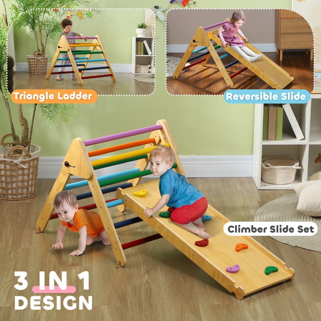AIYAPLAY Toddler Climbing Frame – 3-in-1 Wooden Pikler Triangle with Ramp – Multicolour