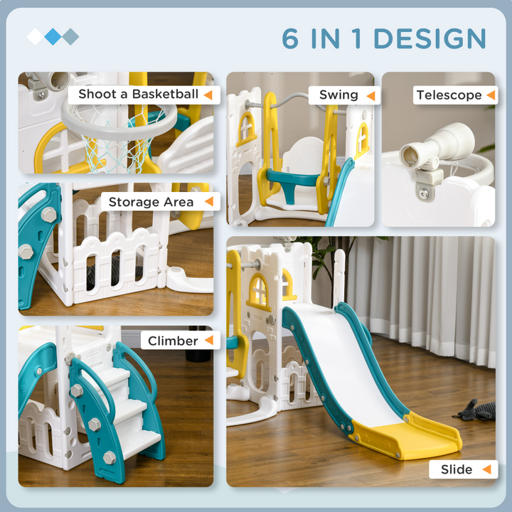 AIYAPLAY 6-in-1 Swing &amp; Slide Set with Basketball Hoop – Yellow (Ages 1–3 Years)
