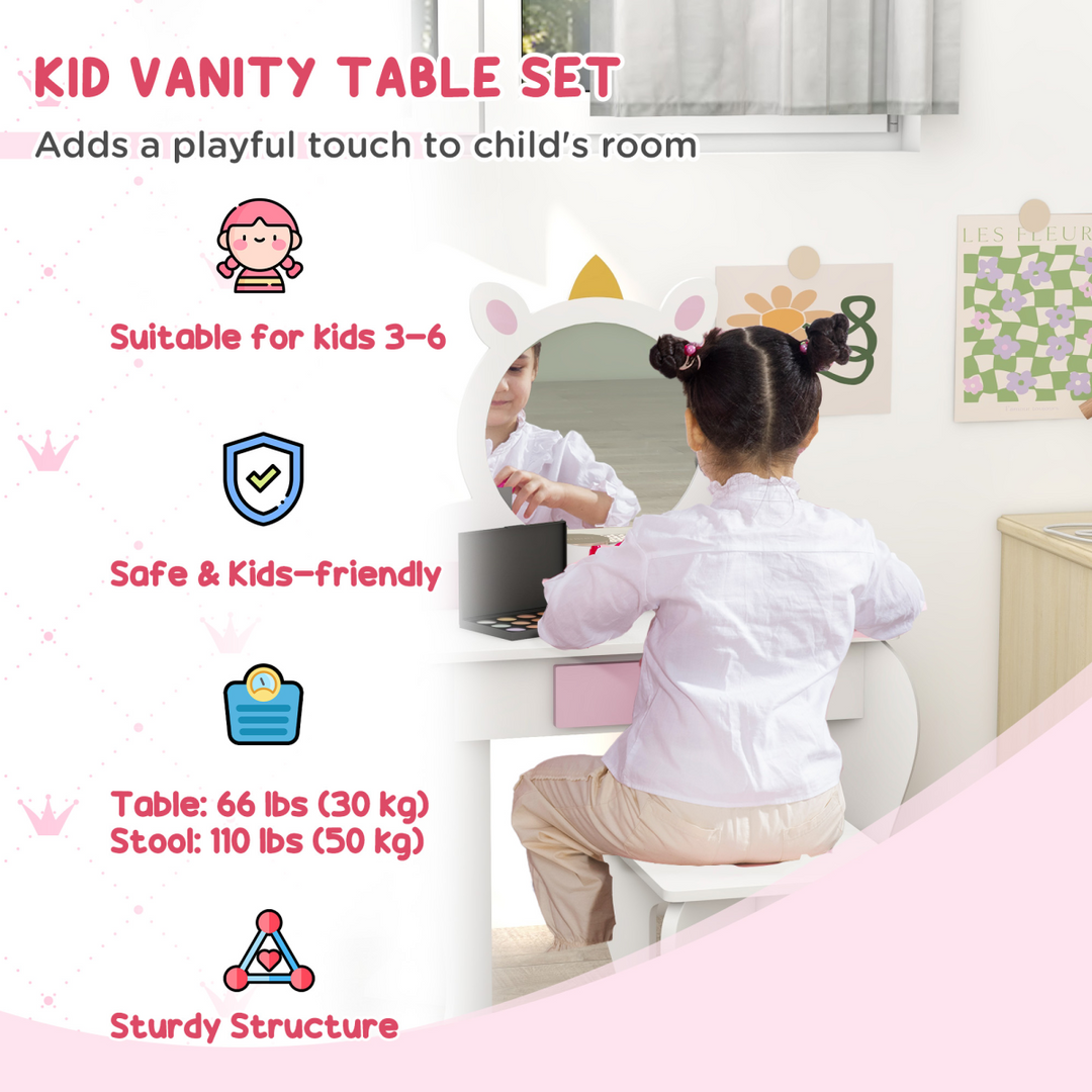 ZONEKIZ Kids Unicorn Dressing Table & Stool – White & Pink Vanity Set