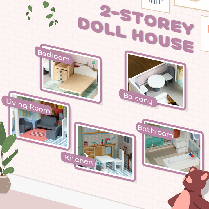 AIYAPLAY 2-Level Dolls House with Balcony &amp; 13 Furniture Pieces – Multicoloured