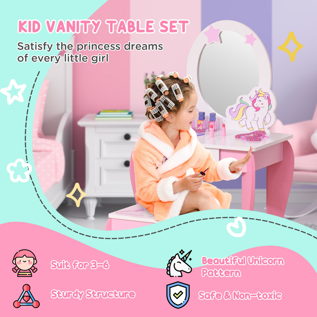 HOMCOM Kids Unicorn Dressing Table & Stool – Pink Vanity Set