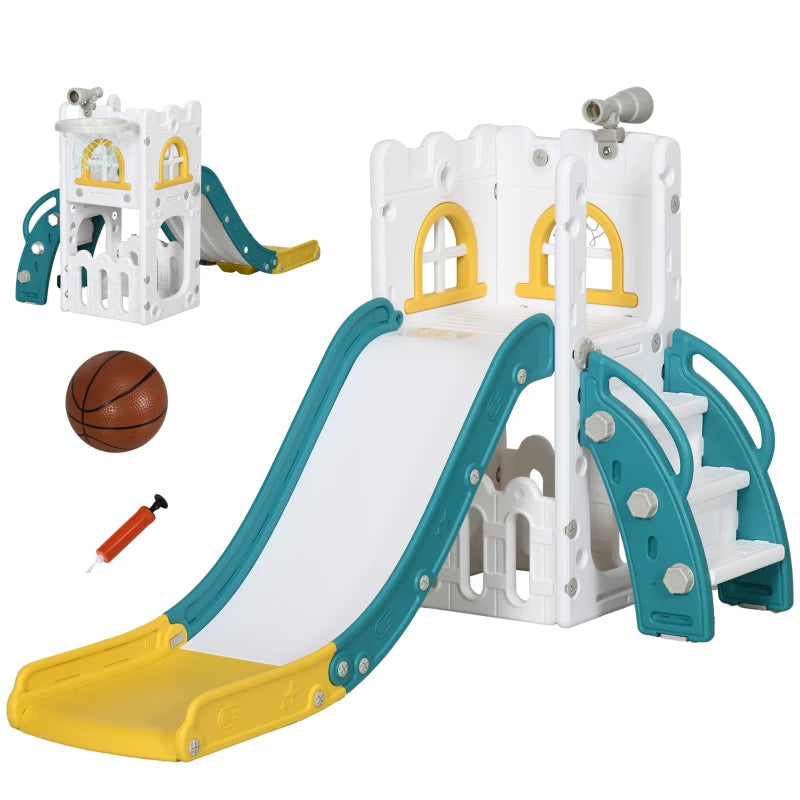 AIYAPLAY 4-in-1 Toddler Slide with Hoop, Telescope & Storage – Yellow