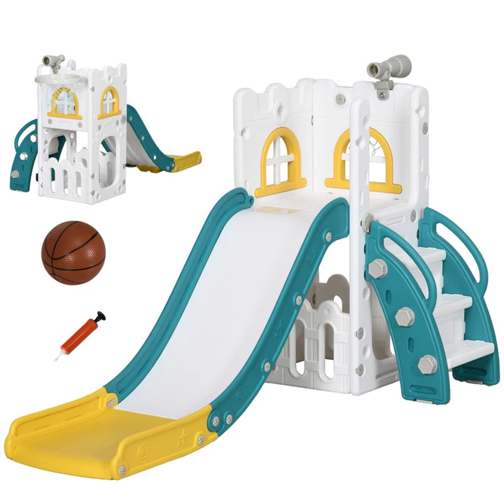 AIYAPLAY 4-in-1 Toddler Slide with Hoop, Telescope & Storage – Yellow