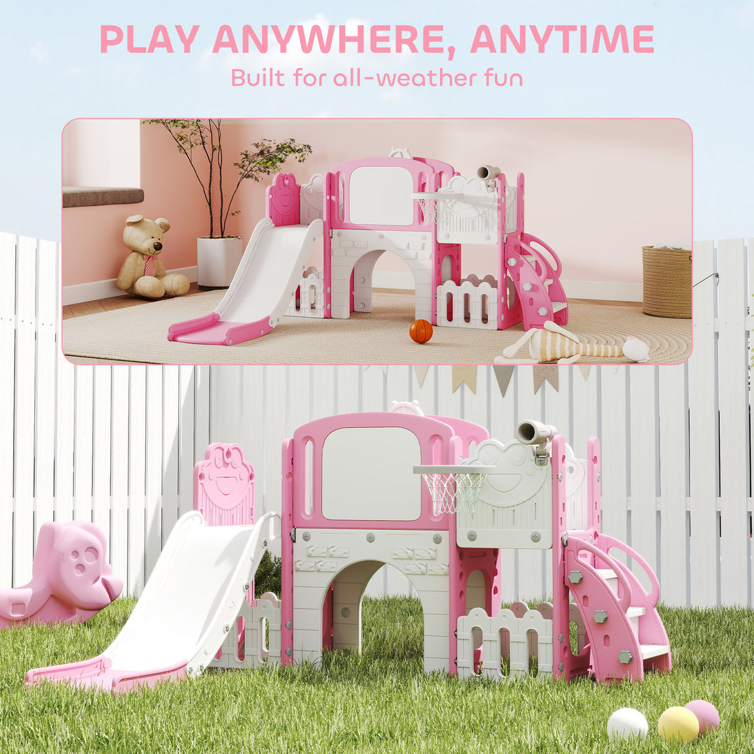 AIYAPLAY 7 in 1 Toddler Slide Set with Basketball Hoop, Climbing Frame, Telescope, Drawing Board, Storage Box, Pink