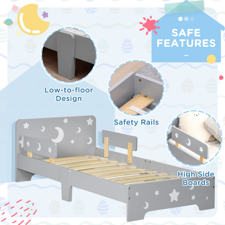 ZONEKIZ Kids Toddler Bed – Grey Star & Moon (Ages 3–6)