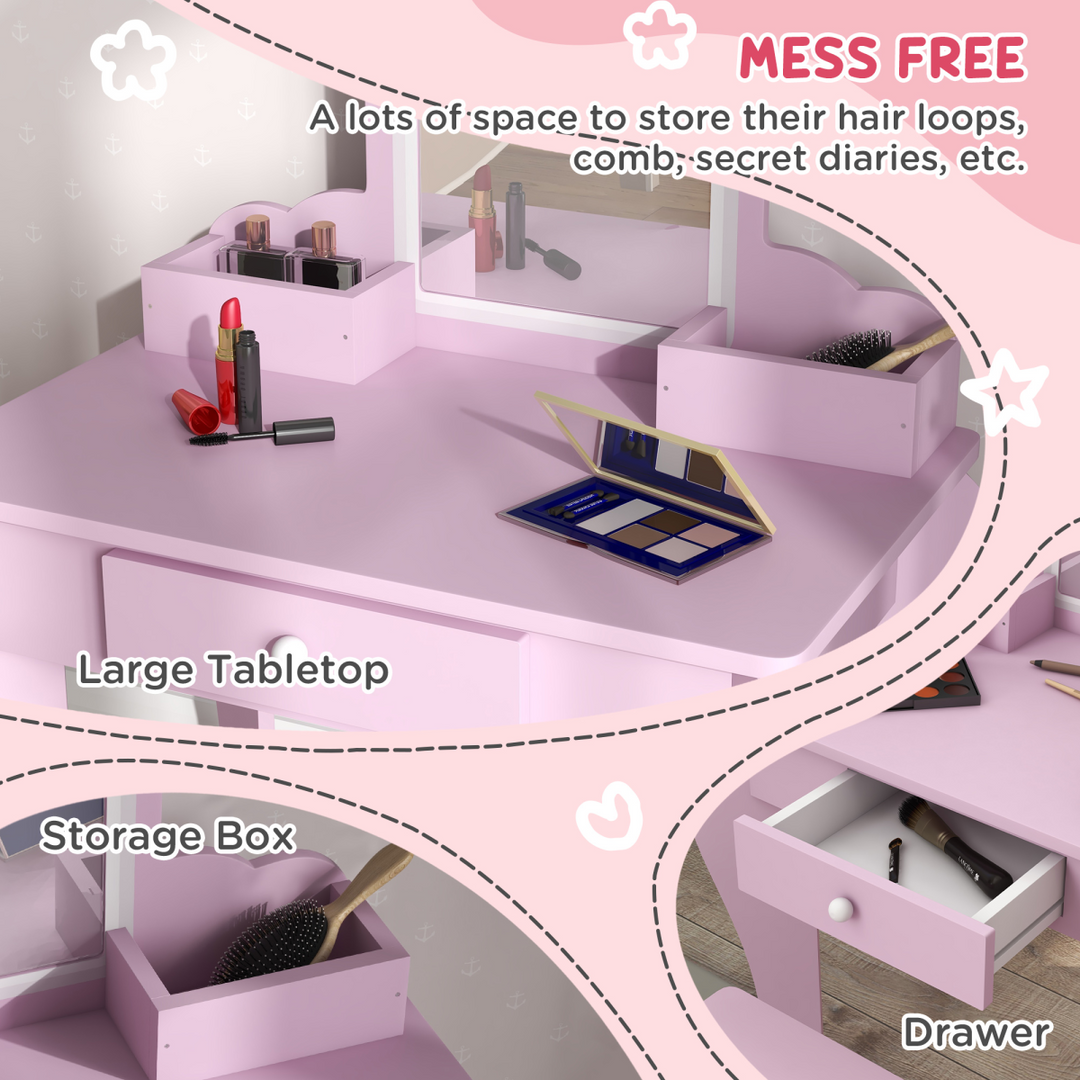 ZONEKIZ Kids Dressing Table & Stool – Pink Cloud Vanity Set
