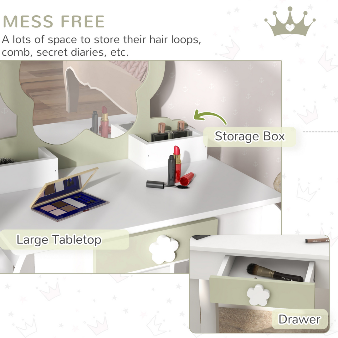 ZONEKIZ Kids Dressing Table & Stool – White Flower Vanity Set
