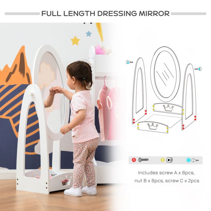 HOMCOM Kids 360° Rotating Full-Length Mirror with Shelf – White | Ages 3–8