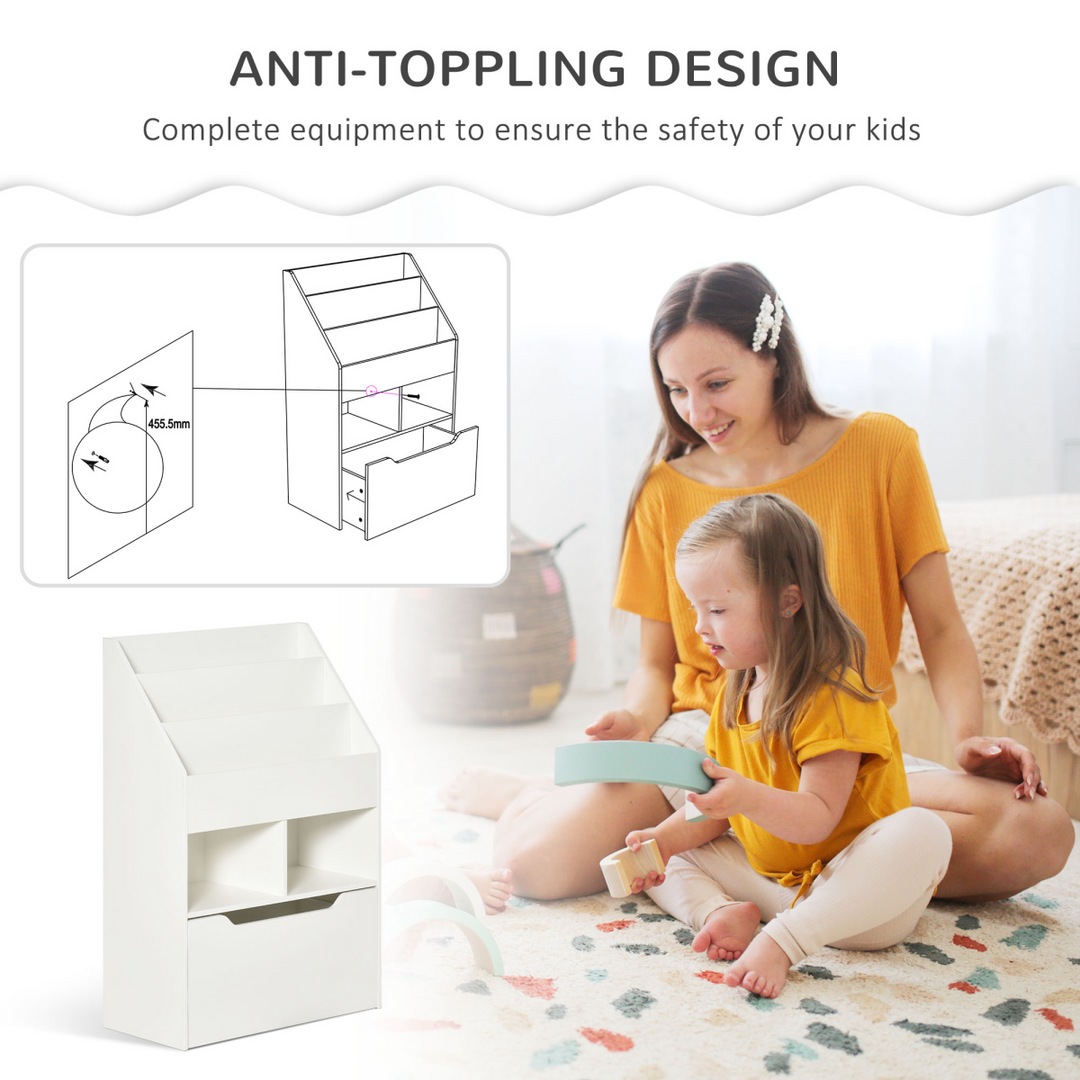 HOMCOM Kids Bookshelf & Toy Organiser with Drawer & Wheels – White
